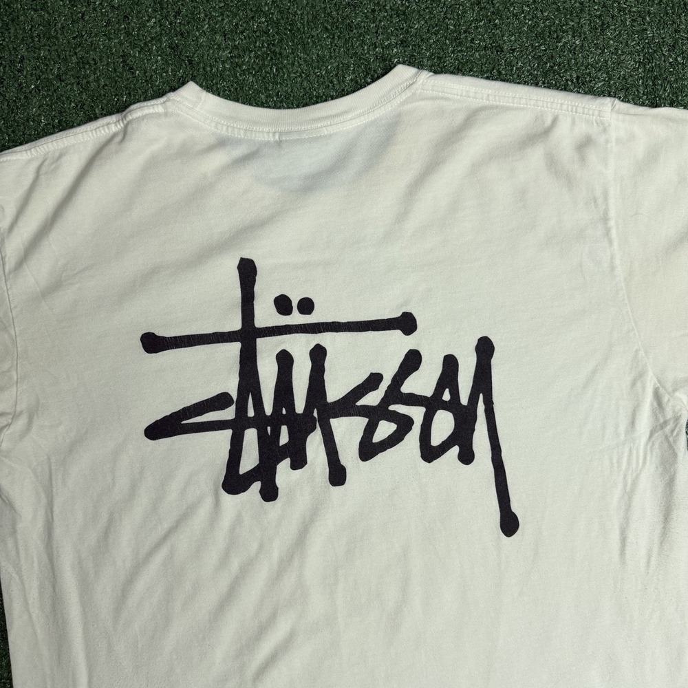 Stussy Basic Logo T Shirt Mens Large White Black Stock Logo Made in Mexico